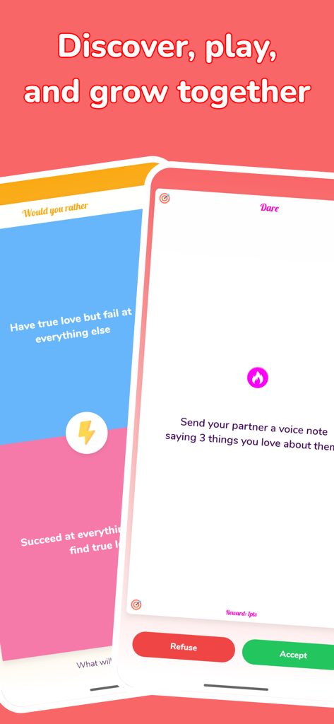 Interfaz de la aplicación Honi que muestra retos de pareja y preguntas de '¿qué prefieres?' para parejas