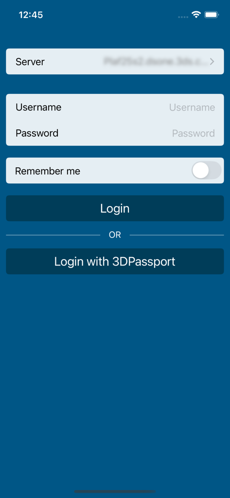 DELMIA Apriso - Anmeldeoberfläche der DELMIA Apriso mobilen App mit Optionen für Benutzername, Passwort und 3DPassport-Authentifizierung