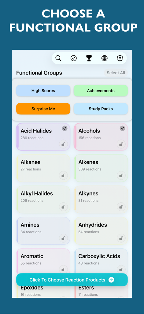Organic Chemistry Study Help - 有機化学学習サポートアプリのインターフェースで、アルコールやアルケンのような様々な官能基が選択のために表示されている様子