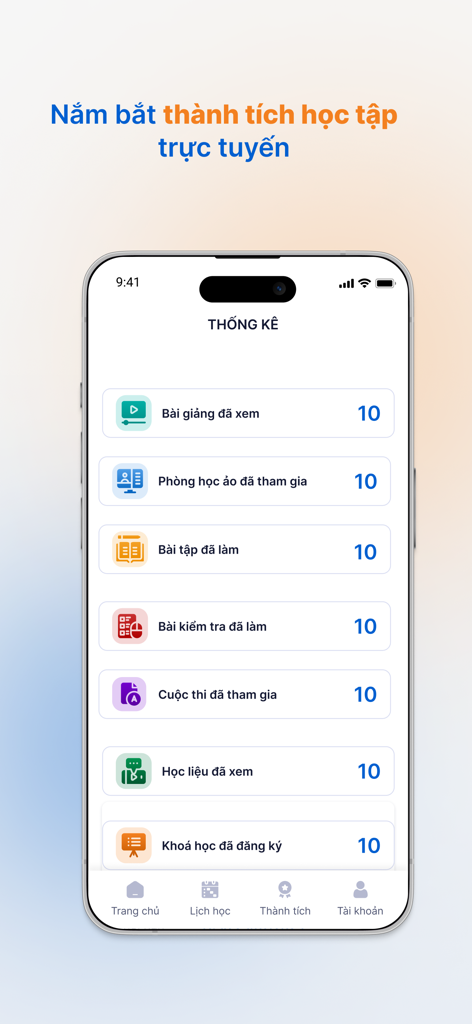 vnEdu LMS - vnEdu LMS mobile app screen displaying student learning statistics and achievements.