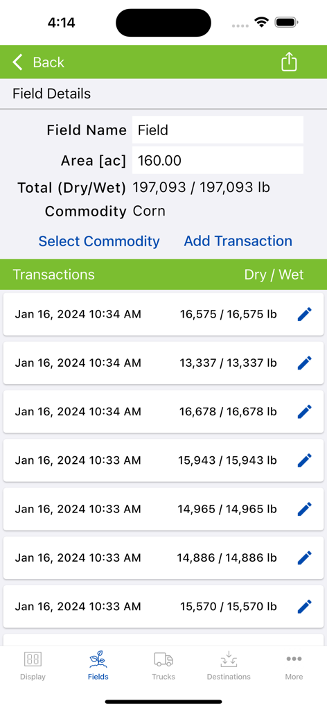 The Libra Harvest app interface displaying field details and weight transaction history for a corn harvest.