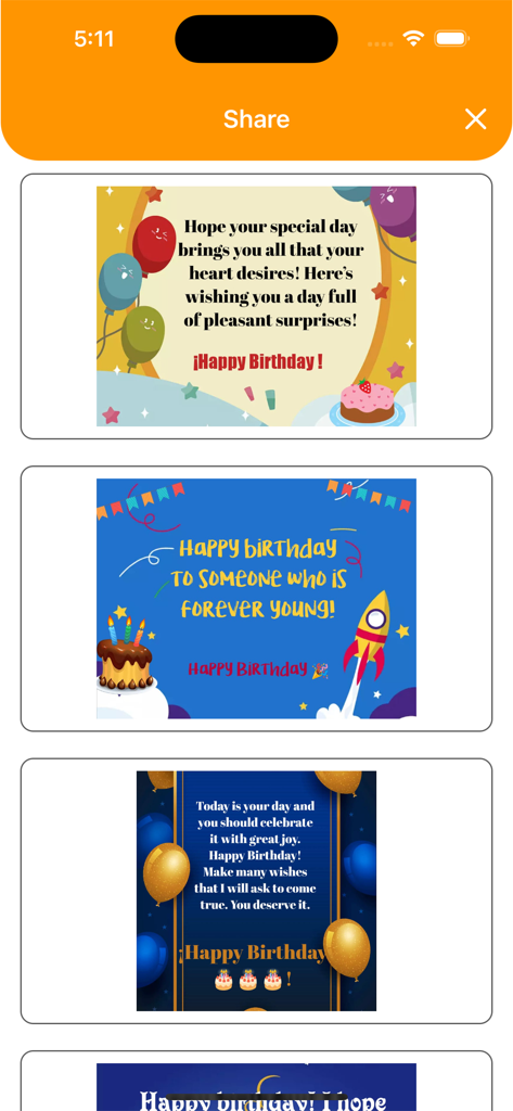 Birthday Invitations Maker - App screen showing different birthday card templates with colorful illustrations and messages