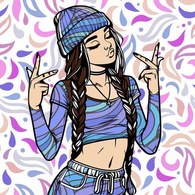 realistic teenage girl with braids and a beanie and crop top doing 🫶🏼