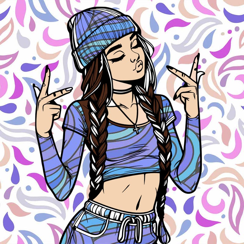 realistic teenage girl with braids and a beanie and crop top doing 🫶🏼