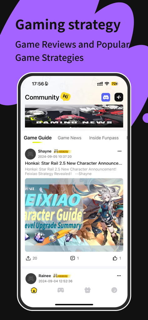 EasyFun-Find fun gamers - Interface do aplicativo EasyFun exibindo avaliações de jogos e guias de estratégia de personagens na seção da comunidade.