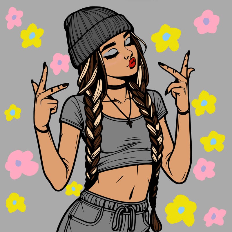 realistic teenage girl with braids and a beanie and crop top doing 🫶🏼