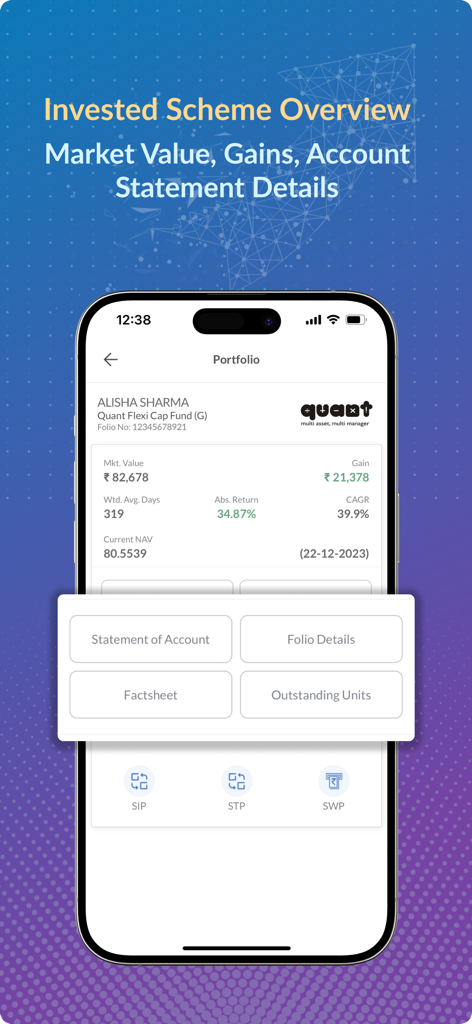 Mint by Investwell - Übersicht der investierten Fonds in der Mint by Investwell App, die Kennzahlen zur Performance von Investmentfonds und Portfolio-Details zeigt