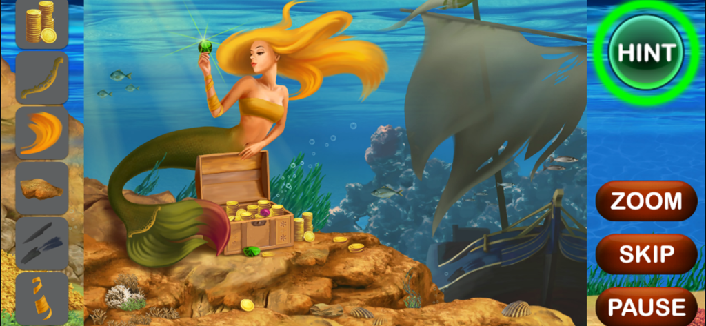 Mermaid Hidden Objects - Mermaid sitting by a treasure chest in an underwater hidden object game level