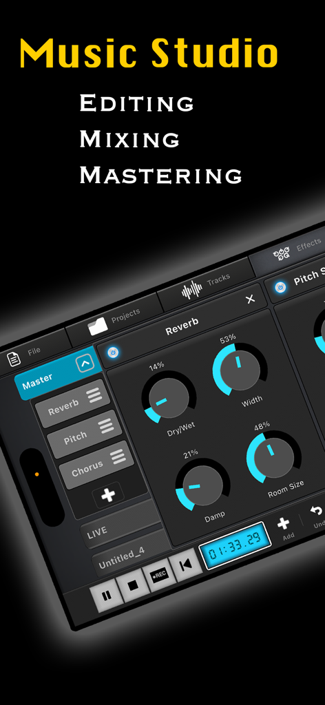 Interfaz móvil de Audio Elements mostrando controles de mezcla y efectos de reverb profesionales para producción de audio