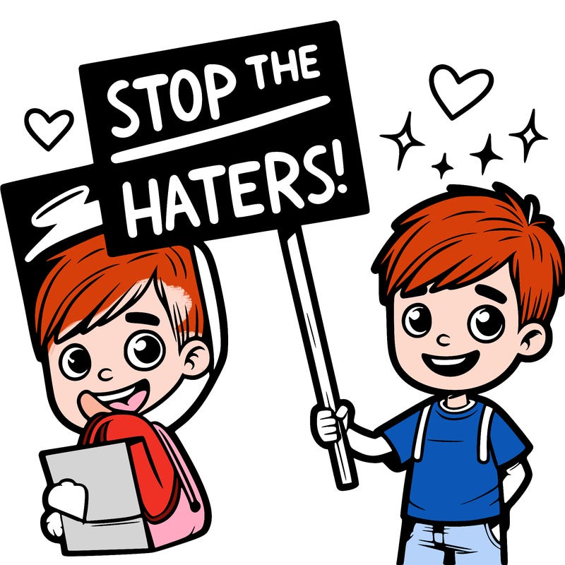 a boy with a sign saying stop the haters!