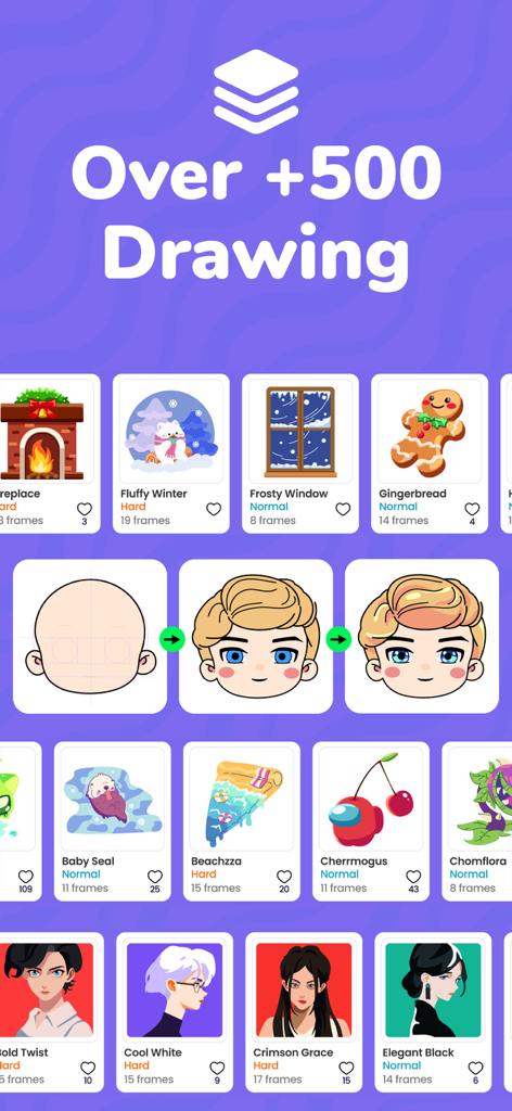 DrawMee - Learn how to draw - Interface of DrawMee app showing a gallery of over 500 drawing tutorials and a step by step manga character guide
