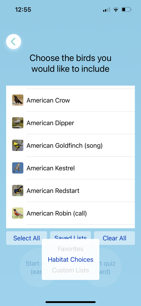 ChirpOMatic - BirdSong USA - A screen in the ChirpOMatic app showing a list of North American birds like the American Crow and Robin to select for a customized bird quiz