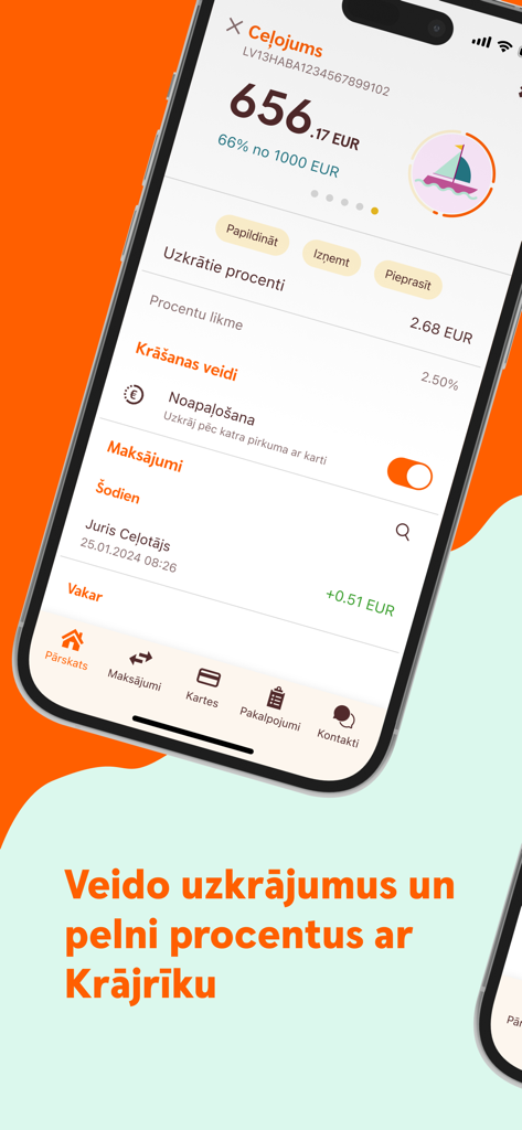 Swedbank Latvija mobile app screen showing a savings goal for a trip and interest earned