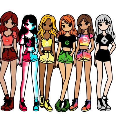 a group of girls wearing crop tops and shorts