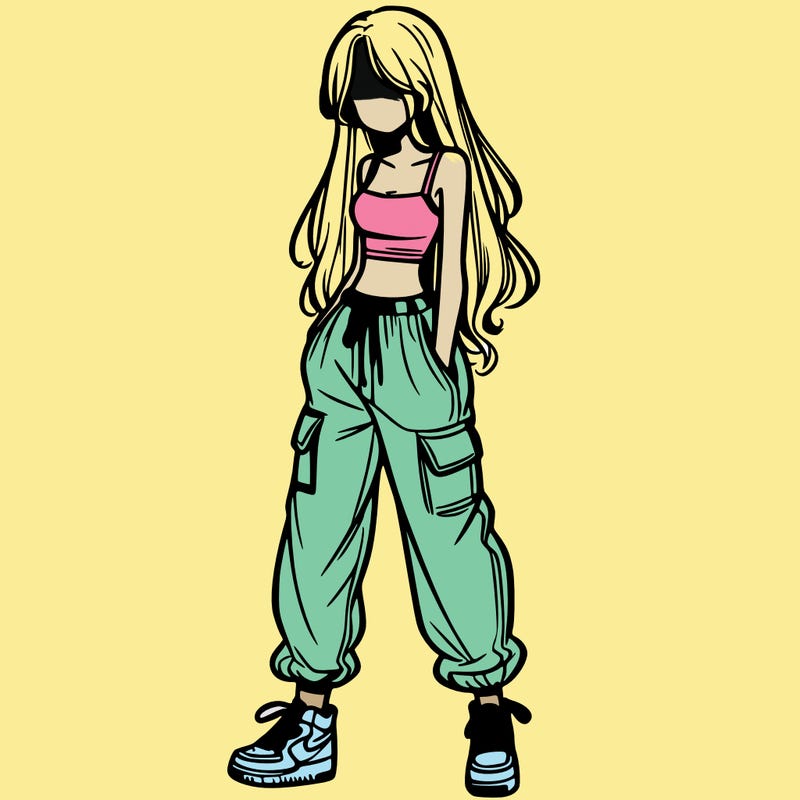girl in baggy pants crop top and long hair