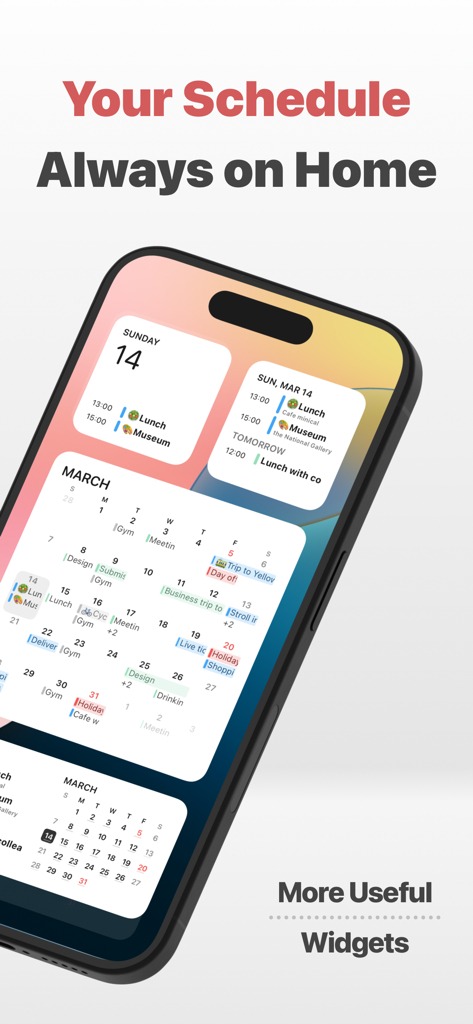 minical - Planner & Calendar - Uma tela de início de iPhone exibindo vários widgets de calendário e agenda minimalistas do aplicativo minical