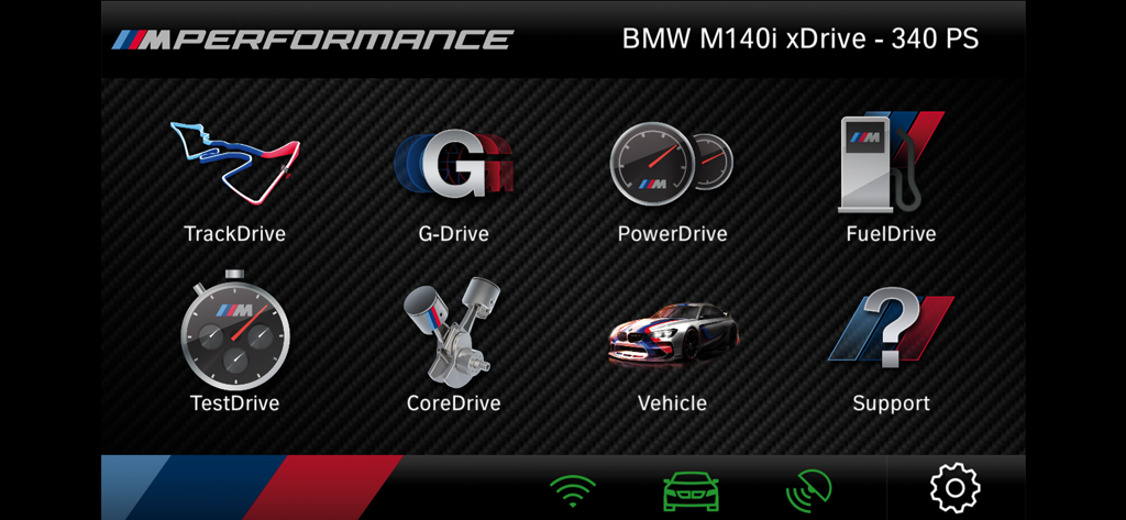 M Performance Drive Analyser - Main menu of the BMW M Performance Drive Analyser app featuring driving telemetry icons