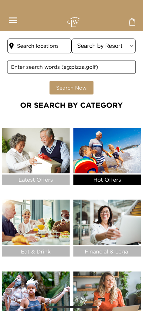 Lifestyle by Wyndham - Search interface of the Lifestyle by Wyndham app showing categories for travel and dining offers