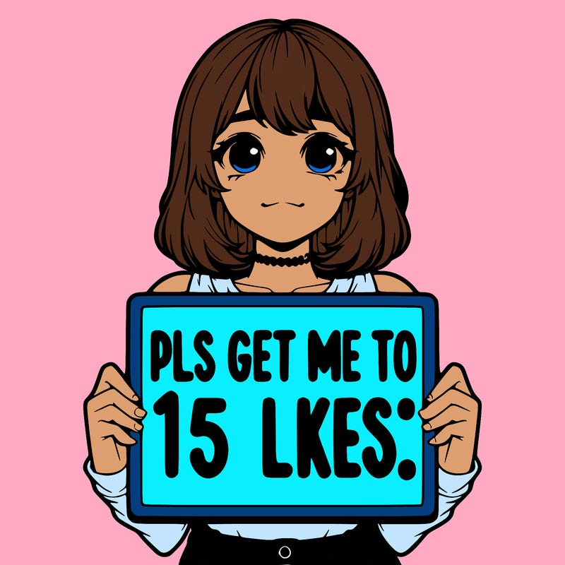 realistic girl holding up a sign that says “pls get me to 15 likes!”