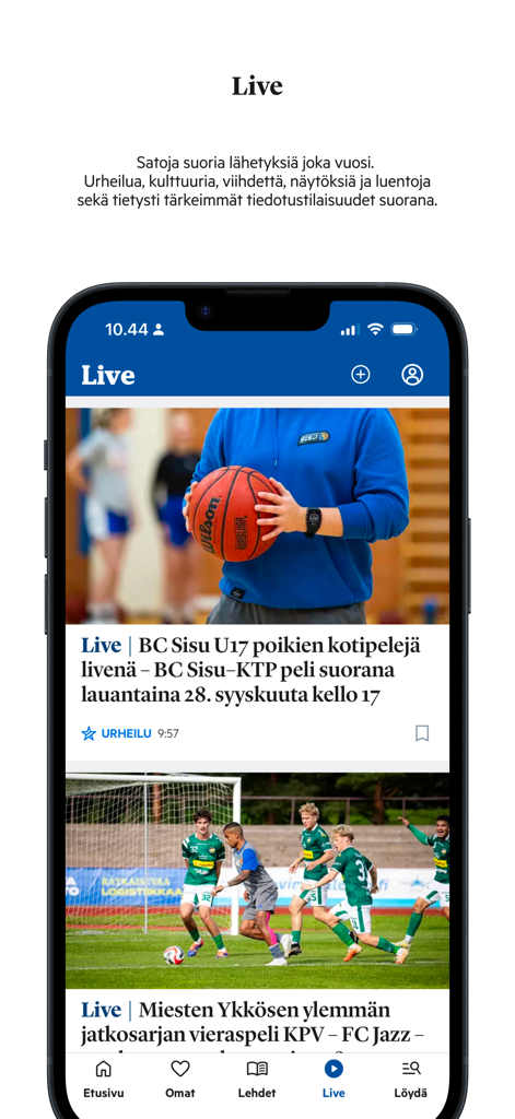 Satakunnan Kansa - Satakunnan Kansa app interface showing live local sports broadcasts