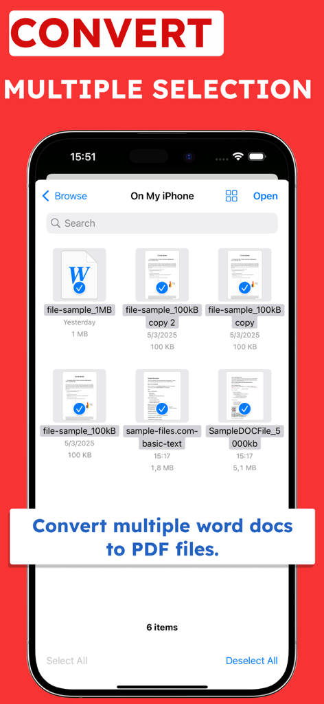 一度に複数のWord文書をPDFに変換するための複数選択機能を示すモバイルインターフェイス