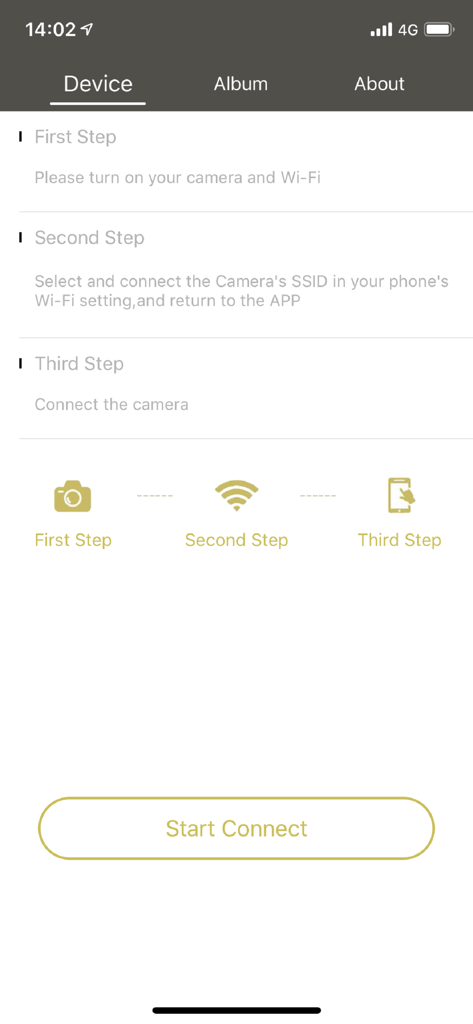 Live DV - A three-step instruction screen for connecting a sports camera to the Live DV app via WiFi