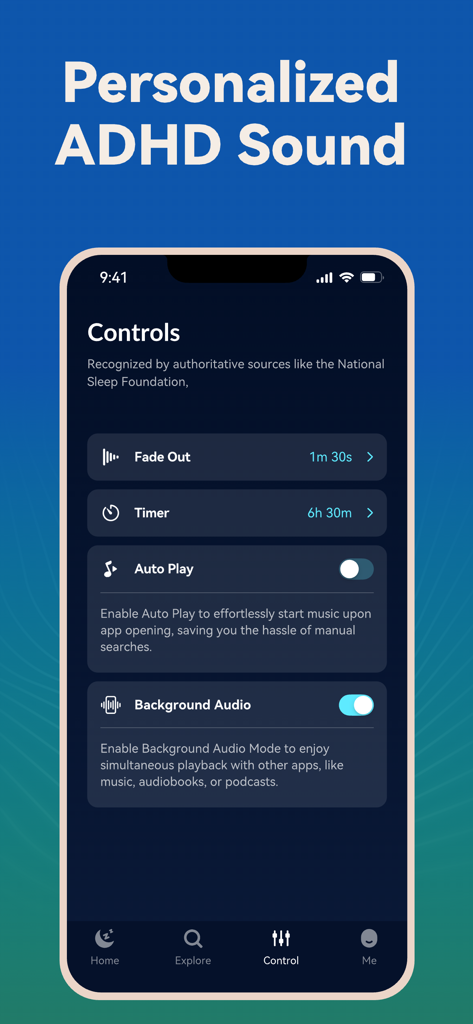 L'interfaccia delle impostazioni e dei controlli dell'App Sonora ADHD che mostra opzioni di timer e audio in background.
