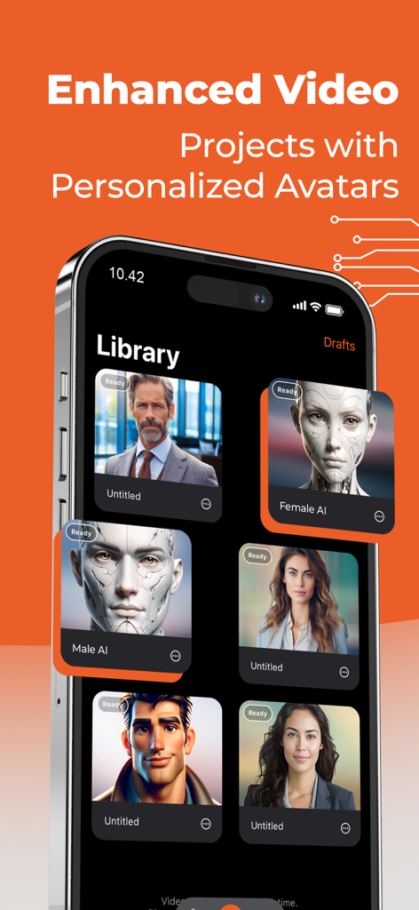 Avatalk - AI Video Generator - The Avatalk app library displaying several AI video projects with various human and robotic avatars.