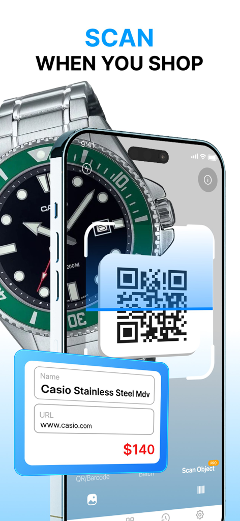 A mobile app interface scanning a QR code to show product name and price while shopping