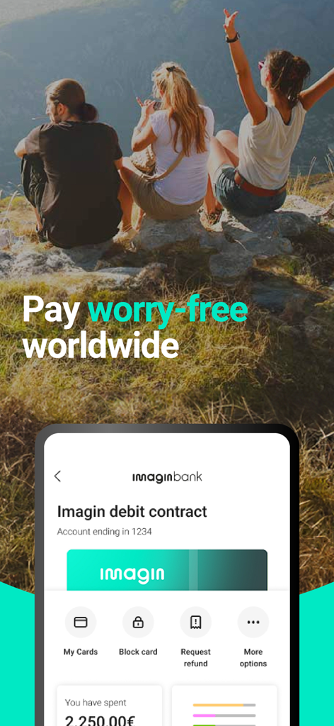 Interfaccia dell'app di mobile banking imagin che mostra la gestione della carta di debito per i pagamenti in tutto il mondo