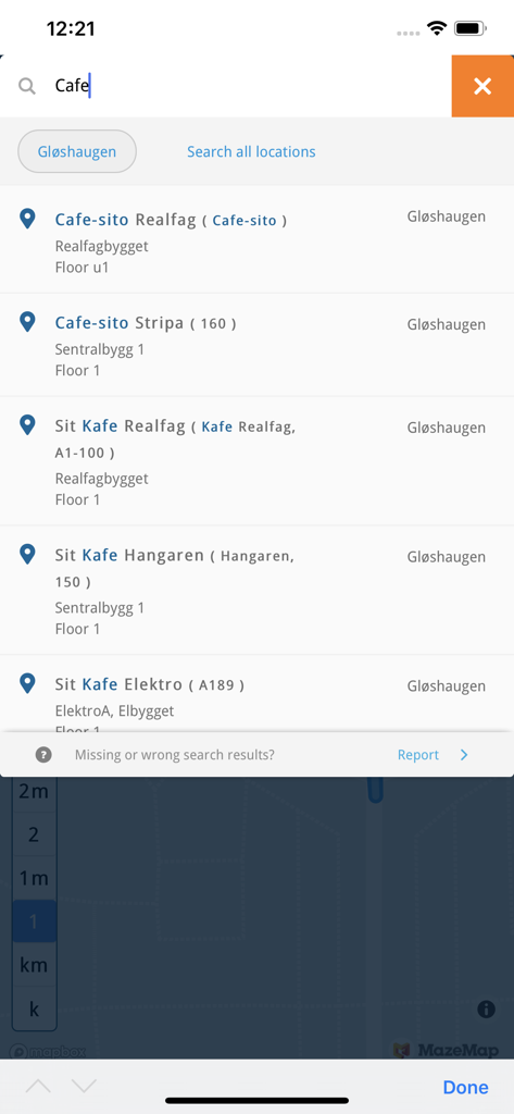 MazeMap - A search results screen in the MazeMap app showing several cafes located on different floors and buildings within a campus environment.