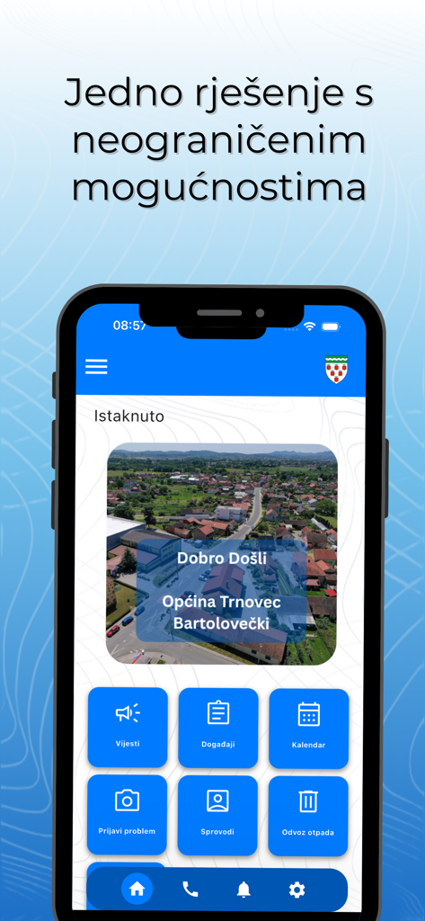 Moj Trnovec Bartolovečki - Interfaz principal de la aplicación Moj Trnovec Bartolovecki mostrando servicios locales como noticias, eventos y horarios de recolección de residuos.