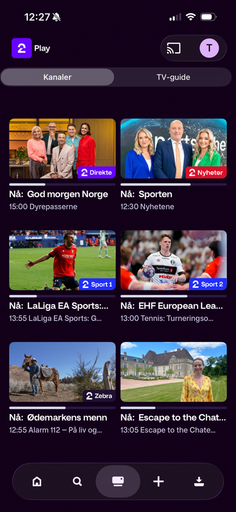 TV 2 Play - TV 2 Play app interface displaying a grid of live Norwegian TV channels including news sports and lifestyle shows