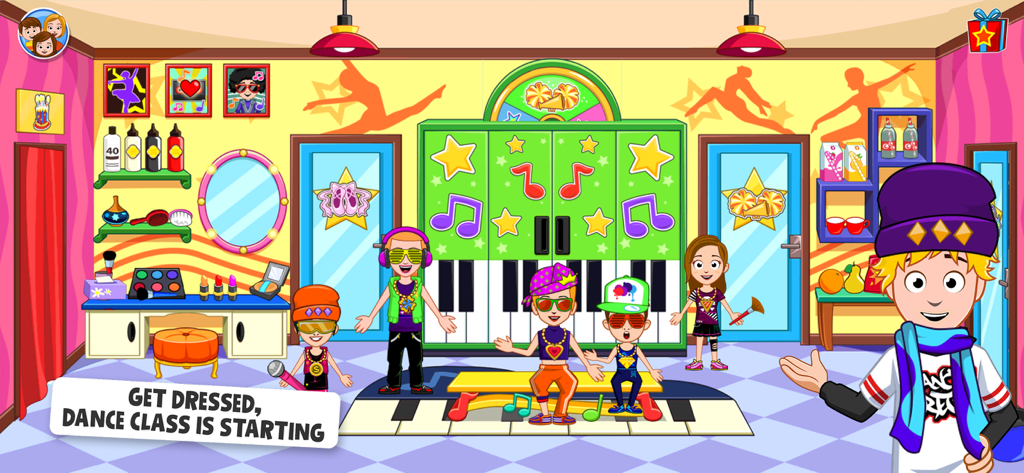 Cartoon characters in a colorful dance school dressing room with a piano themed locker and vanity