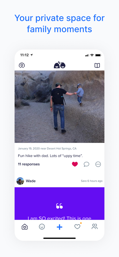 Notabli app interface showing a private family feed with a photo of a father and child hiking and a quote section