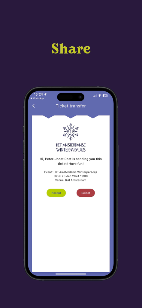 The Ticketkeeper app interface displaying a secure ticket transfer invitation for an event with accept and reject buttons