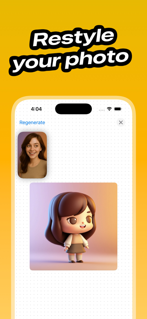 Cartoon Photo Editor ToonShot - A portrait photo of a woman transformed into a cute 3D cartoon character using the ToonShot app interface.
