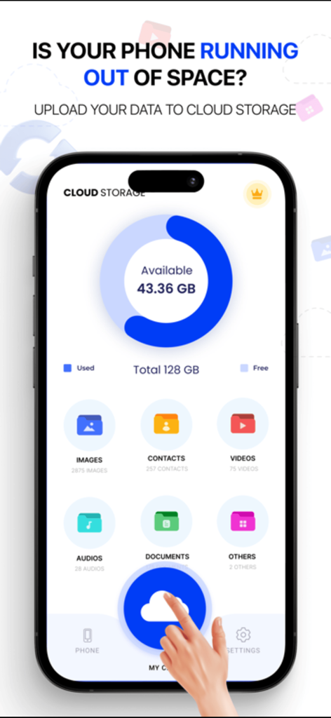 Cloud Storage: Cloud Drive App - Dashboard of the Cloud Storage app showing available phone space and file categories for backup