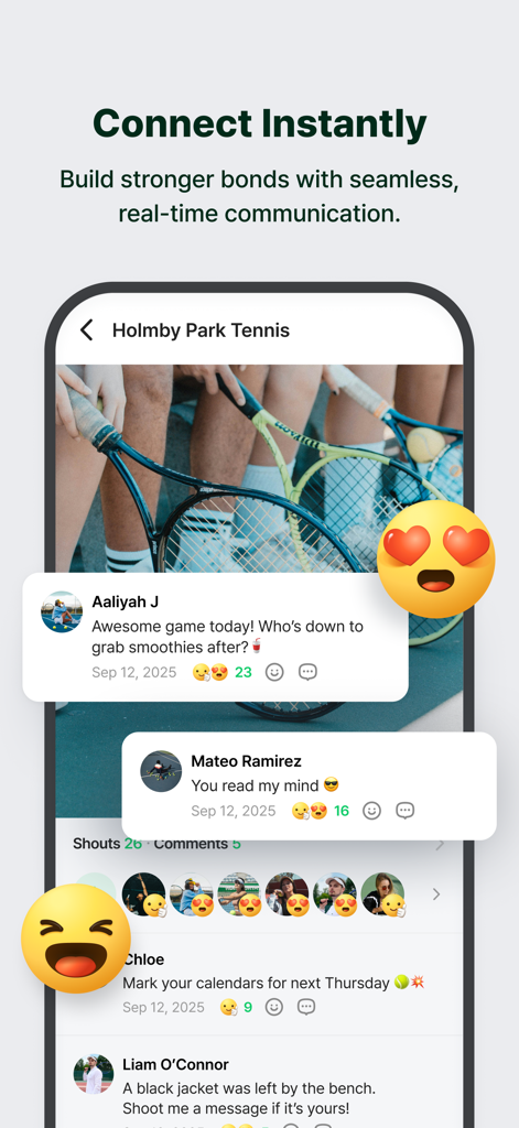 BAND app interface showing real-time group communication and comments for a tennis team