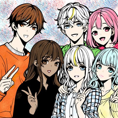 4 realistic anime girls with 2 realistic anime boys posing together for a picture