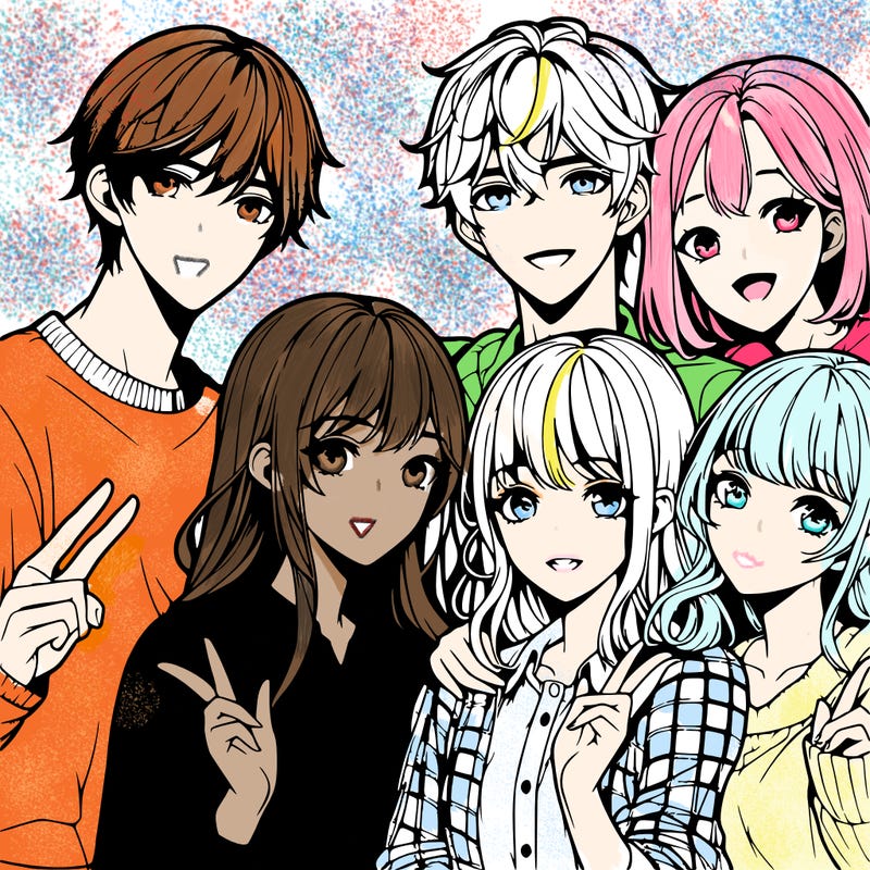 4 realistic anime girls with 2 realistic anime boys posing together for a picture