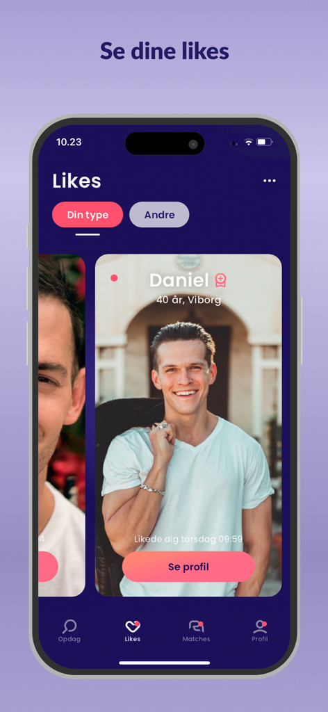 Dating.dk - Dating.dk mobile app screen showing the Likes section with a user profile card for Daniel