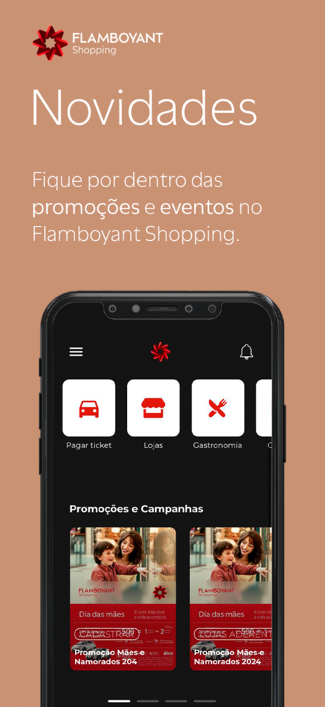 Flamboyant - Mobile interface of the Flamboyant Shopping app showing quick access icons for parking payment and store news