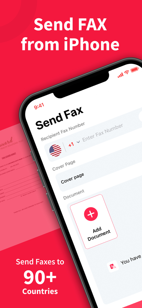 Interfaz de la aplicación Easy FAX en un iPhone mostrando la pantalla de envío de fax con soporte internacional