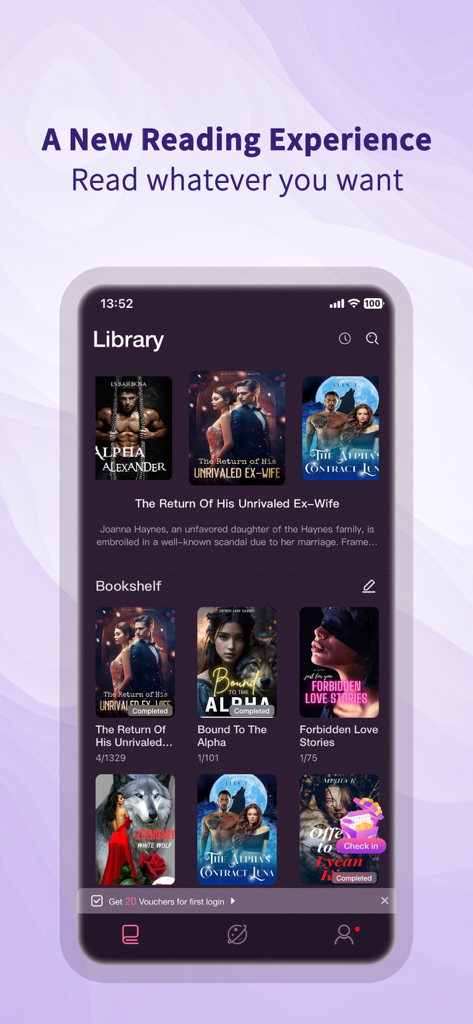 Screenshot of the YumRead app library featuring various romance and werewolf story book covers.