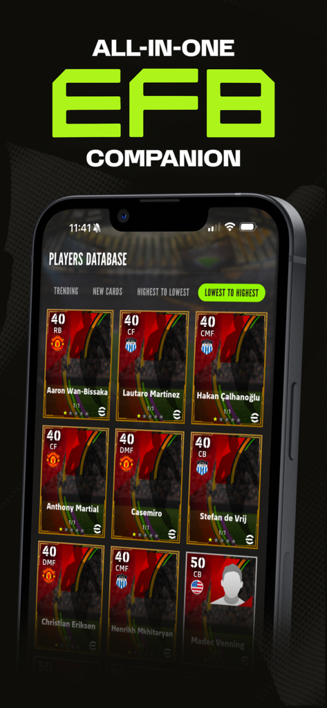 Mobile interface of the eFootBase app displaying a comprehensive soccer player database.
