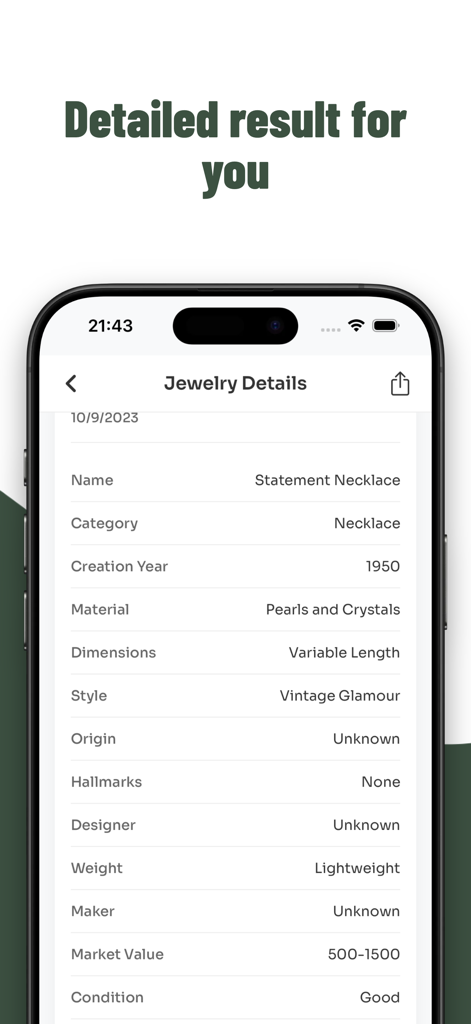 Jewelry Identifier: Gem Scan - Resultados detalhados de identificação de joias mostrando o nome, material e valor de mercado de um colar vintage
