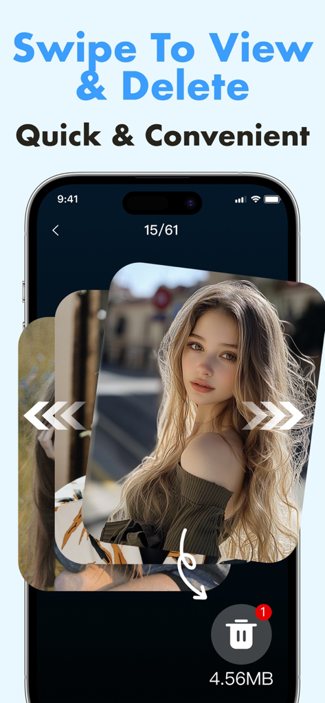iPhone screen showing the swipe clean feature to quickly view and delete photos in Memory Master