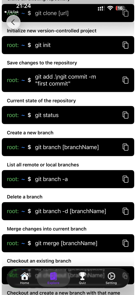 Learn Linux Commands - Mobile app interface showing essential Git version control commands with descriptions and copy buttons