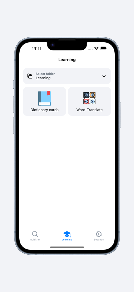 Multitran app learning screen with options for dictionary cards and word-translate features